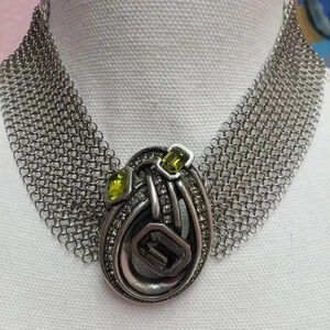 Silver Mesh Gray/Green Crystal Statement Necklace